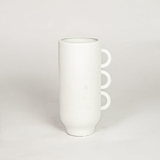 Modern white ceramic decorative vase with triple handles ideal for console table shelf styling and minimalist home decor.