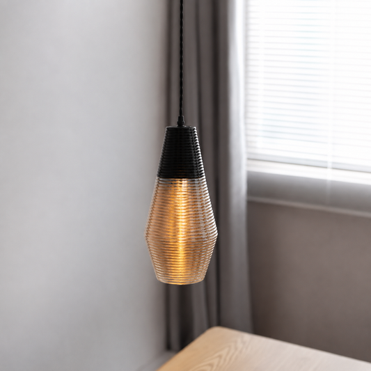 Lifestyle image of rural teardrop hanging lamp for elegant dining room decor styling and modern home interior room lighting.