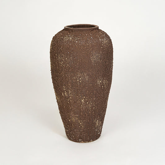 White background image of brown ceramic floor vase for elegant interior decor styling with rustic textured finish.