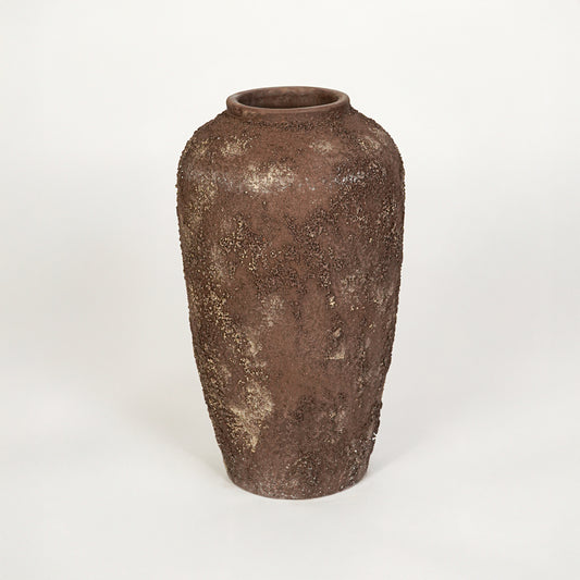 White background image of brown ceramic floor vase for elegant interior decor styling with textured finish.