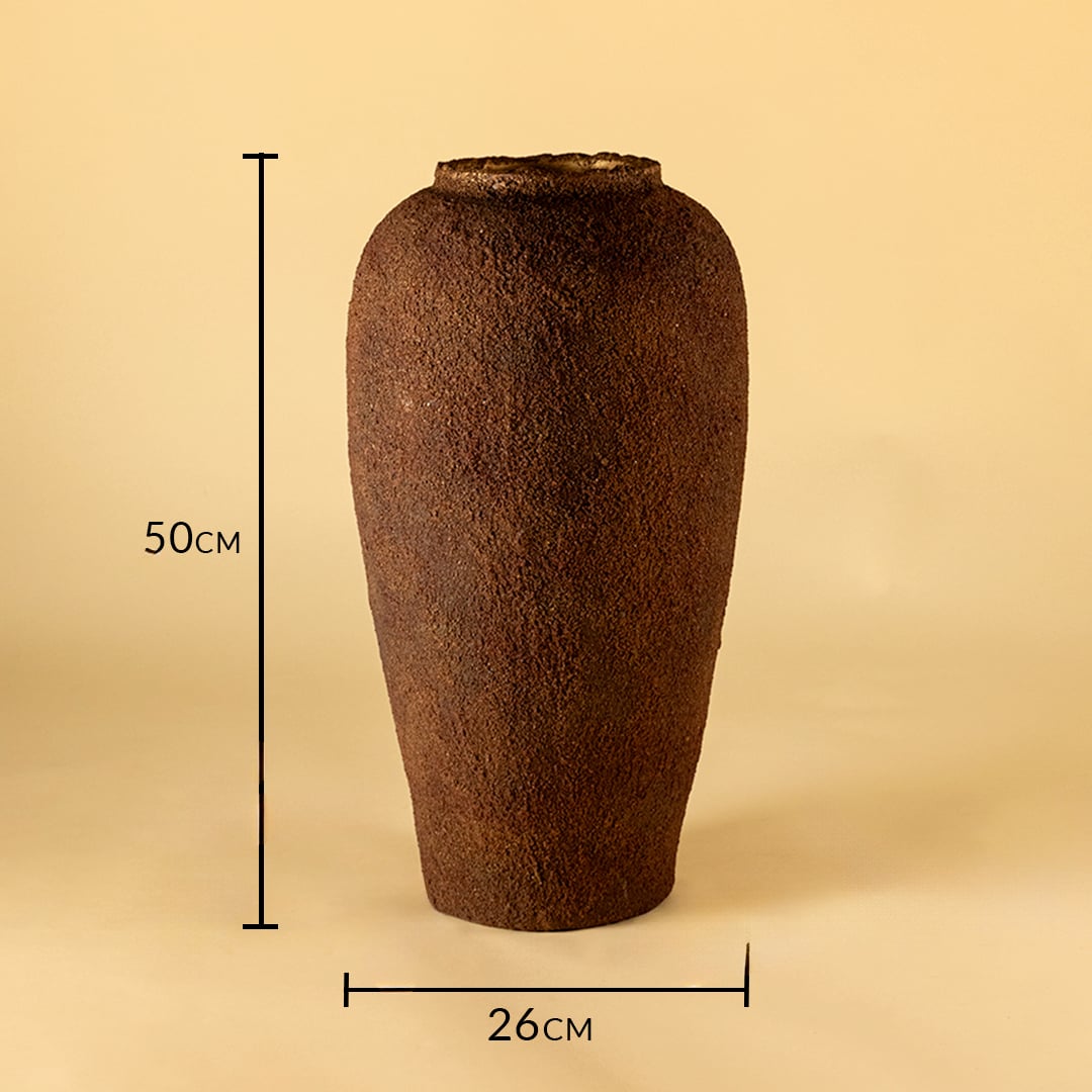 Brown ceramic floor vase measuring 50 cm height and 26 cm width for modern home decor placement.