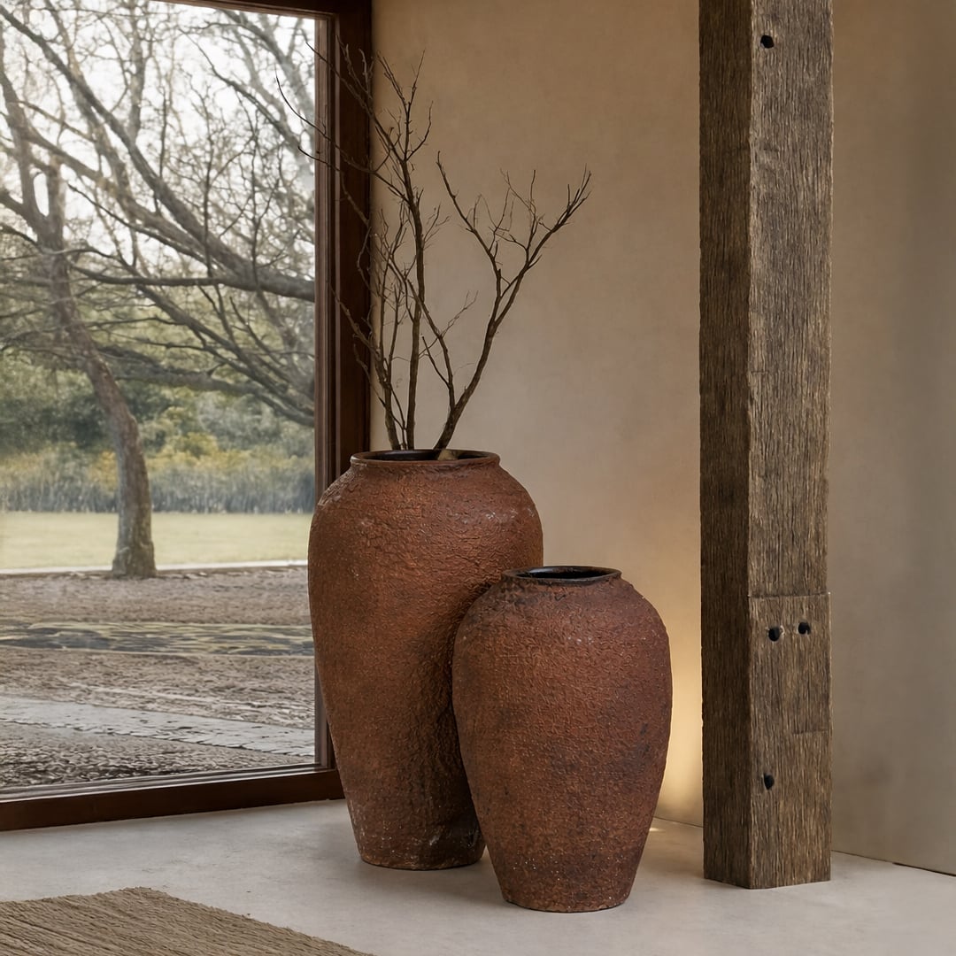 Brown textured floor vases with dried branches placed near window for elegant rustic home decor.