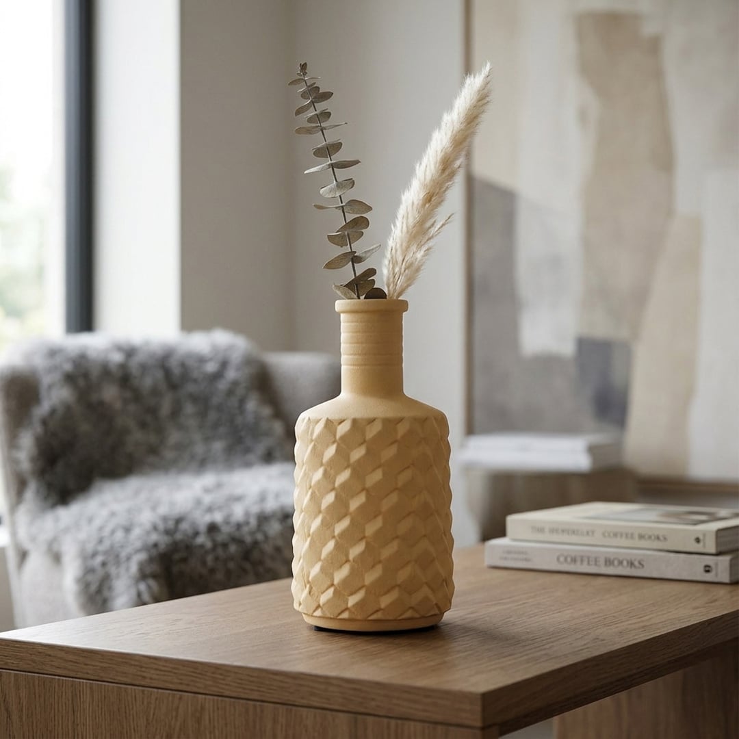 Lifestyle yellow ceramic designer vase placed on wooden table in living room interior with dried leaves modern aesthetic home decor idea.