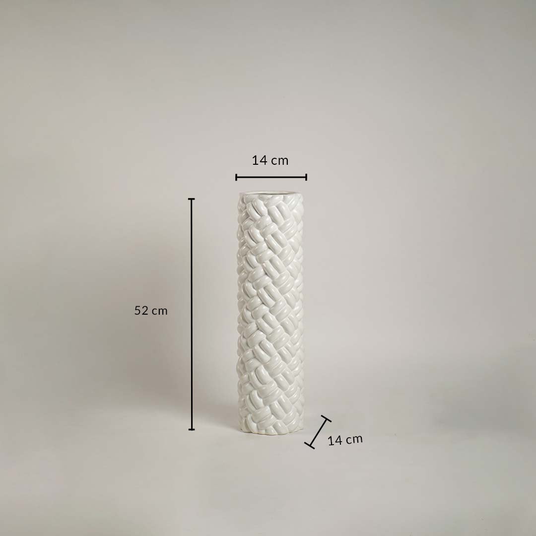 Elegant white ceramic braided tall floor vase with detailed size dimension 52 cm height and 14 cm width shown for accuracy