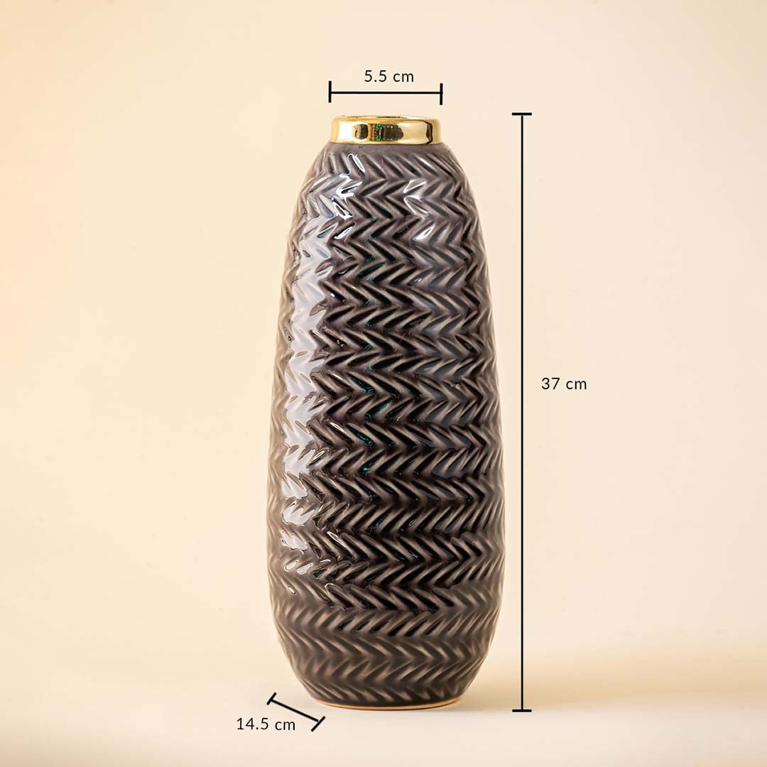 Tall grey ceramic vase with gold rim featuring 37 cm height 14.5 cm base width and 5.5 cm top diameter displayed on beige background.