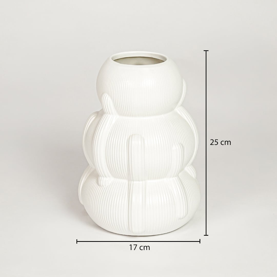 Samana ribbed white ceramic vase measuring 25 cm height and 17 cm width ideal for modern tabletop decor placement.