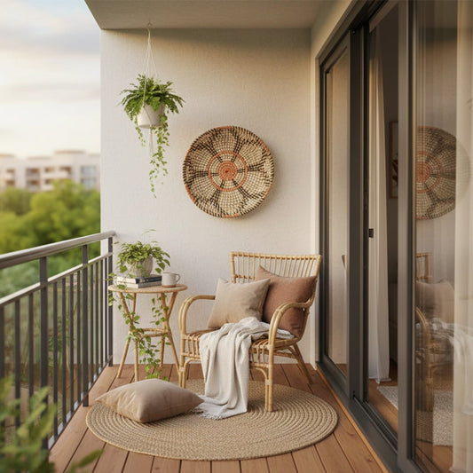 Natural woven wall basket displayed on a balcony wall for elegant bohemian outdoor decor and stylish home interiors.