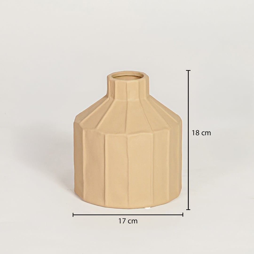 Beige ceramic geometric decorative vase measuring 18 cm height and 17 cm width ideal for elegant interior decor display.