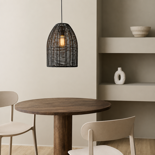 Lifestyle image of black sawan bamboo pendant light for rustic dining room decor styling and modern home lighting design.