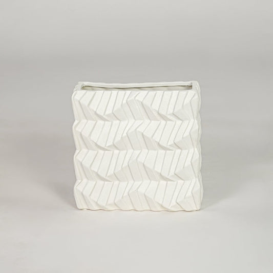 White ceramic decorative vase with textured pattern modern flower vase for tabletop shelf console living room decor styling.