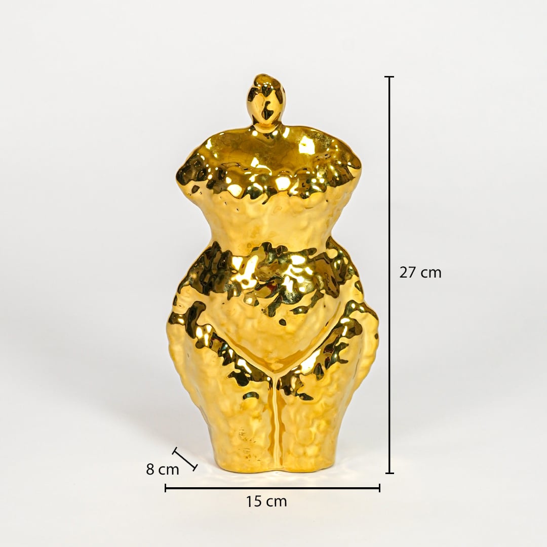 Gold ceramic female figurine dimension image showing 27 cm height 15 cm width and 8 cm depth decorative sculpture accent.