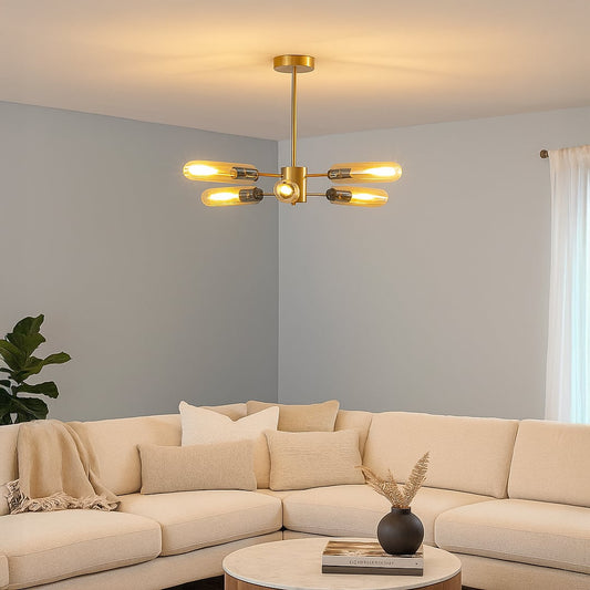 Black metal chandelier with smoky glass shades brightening modern living room interior for stylish contemporary ceiling decor.