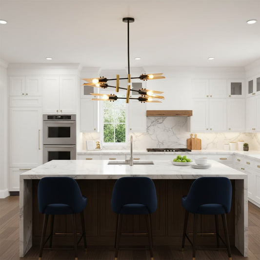 Statement chandelier with multiple glass lights in gold finish placed above kitchen island enhancing luxury ambiance and modern interior design.