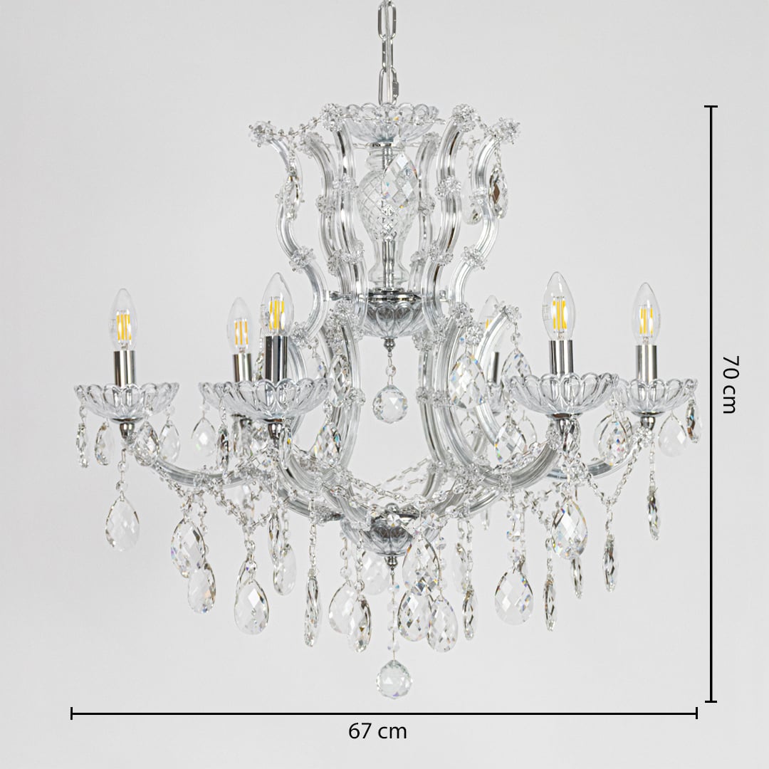 Chrome crystal chandelier measuring 67 cm wide and 70 cm tall with ornate glass arms and hanging drops for living room lighting.