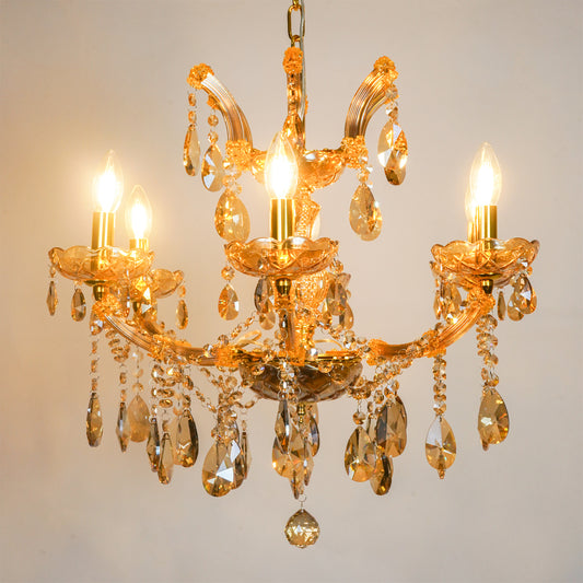 White background image of classic crystal chandelier for modern living room decor styling with a bright warm glow.