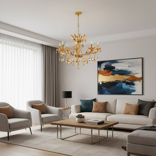 Luxury gold crystal chandelier with warm lighting creating an elegant statement for living room and dining room decor.