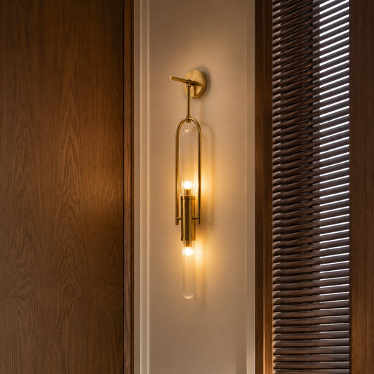 A modern wall-mounted light fixture with a brushed gold finish and a clear glass tube, illuminated with warm light, mounted on a cream-colored wall between wood paneling and window blinds.