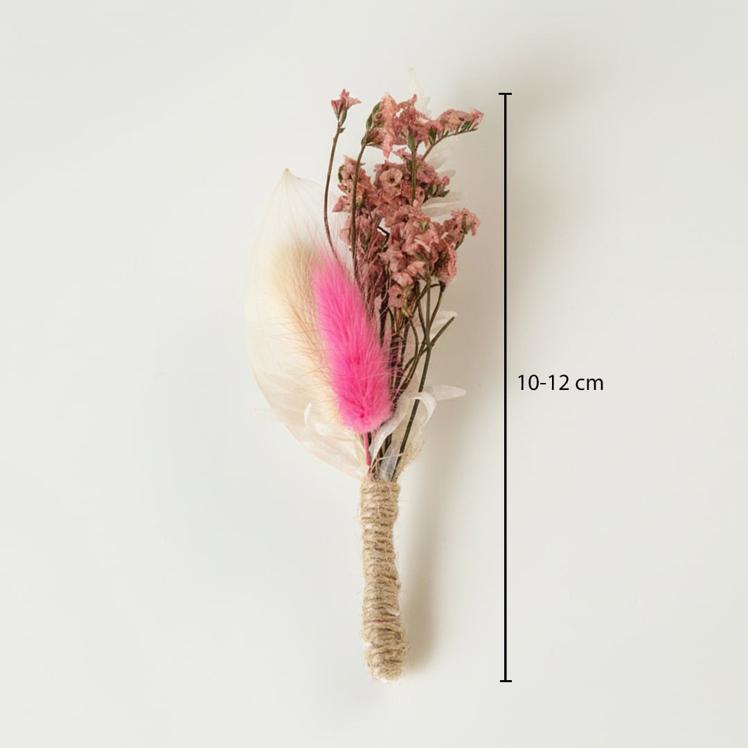 Dried floral bunch with pink accent feather showing height 10 to 12 cm ideal for small vase styling and natural home Decor.