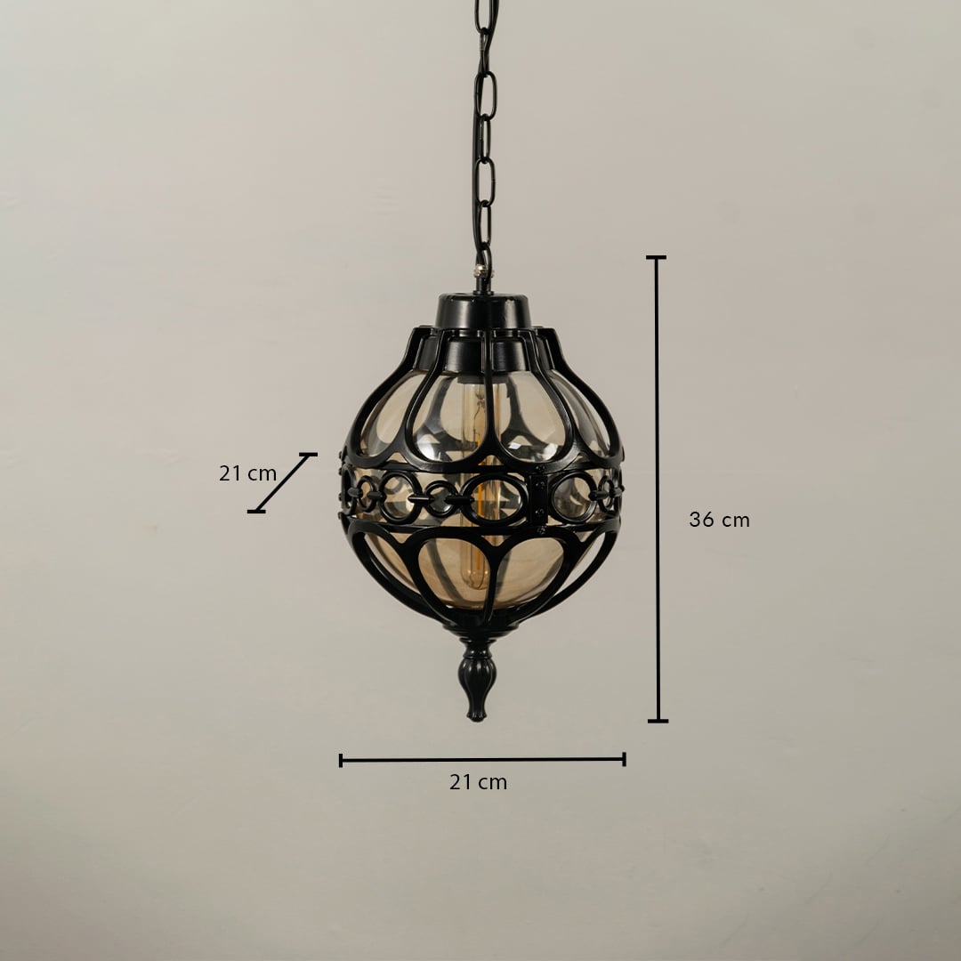 Technical diagram of round outdoor pendant light showing height 36 cm and width 21 cm with chain length reference.