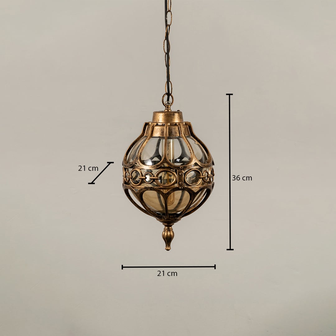Technical diagram of round outdoor pendant light showing height 36 cm and width 21 cm with chain length reference.