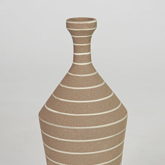 Closeup brown striped ceramic vase texture detail modern decorative flower vase for table shelf console decor.