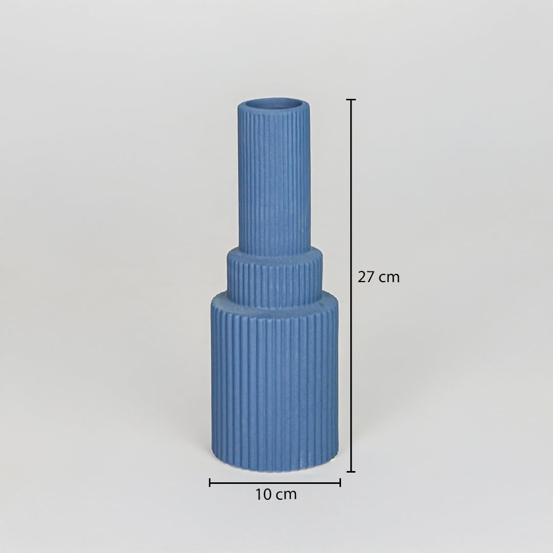 Blue ceramic decorative vase size 27 cm height 10 cm length modern ribbed flower vase dimension reference image.