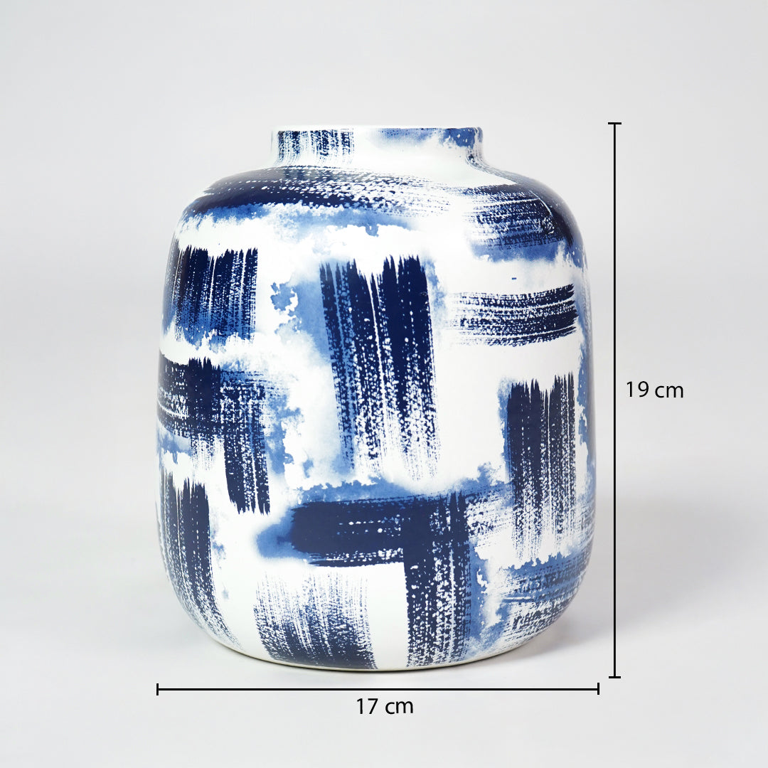 White ceramic rounded vase with blue brushstrokes, featuring dimension markings for clear catalog size reference.