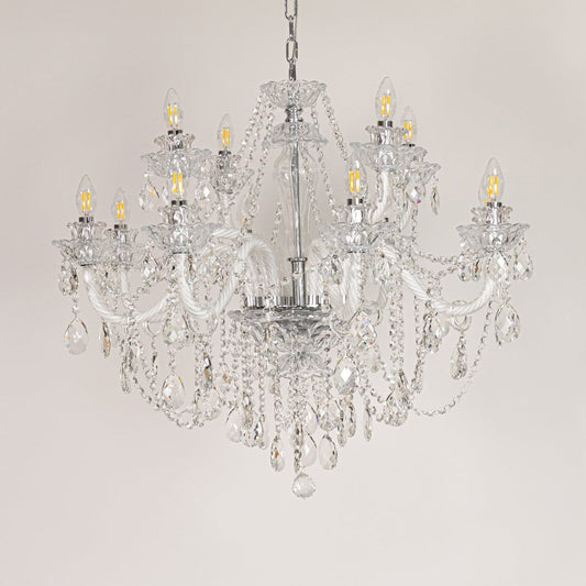 Large clear crystal chandelier displayed on white background ideal for classic bright interior ceiling styling.