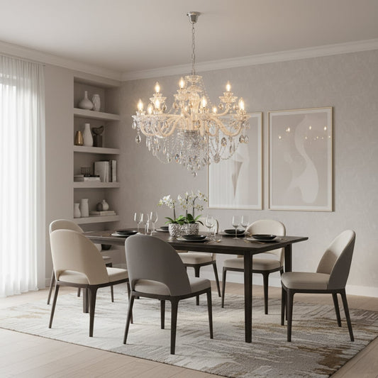 Large clear crystal chandelier adds bright elegant lighting to living room or dining room ceilings creating a luxury ambience.