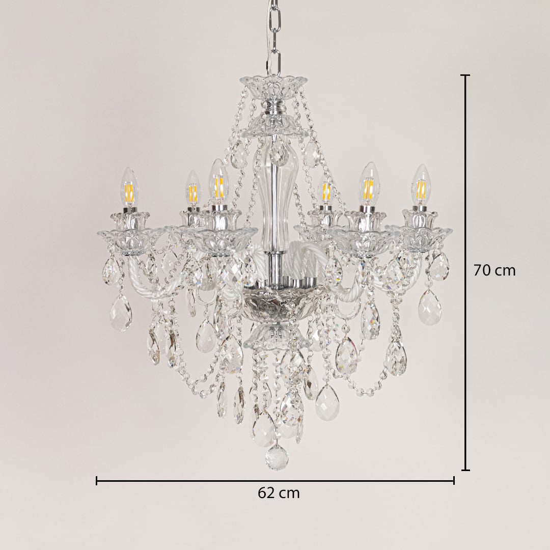 Clear crystal chandelier sized 70 cm height and 62 cm width ideal for elegant living room or dining room ceiling lighting.