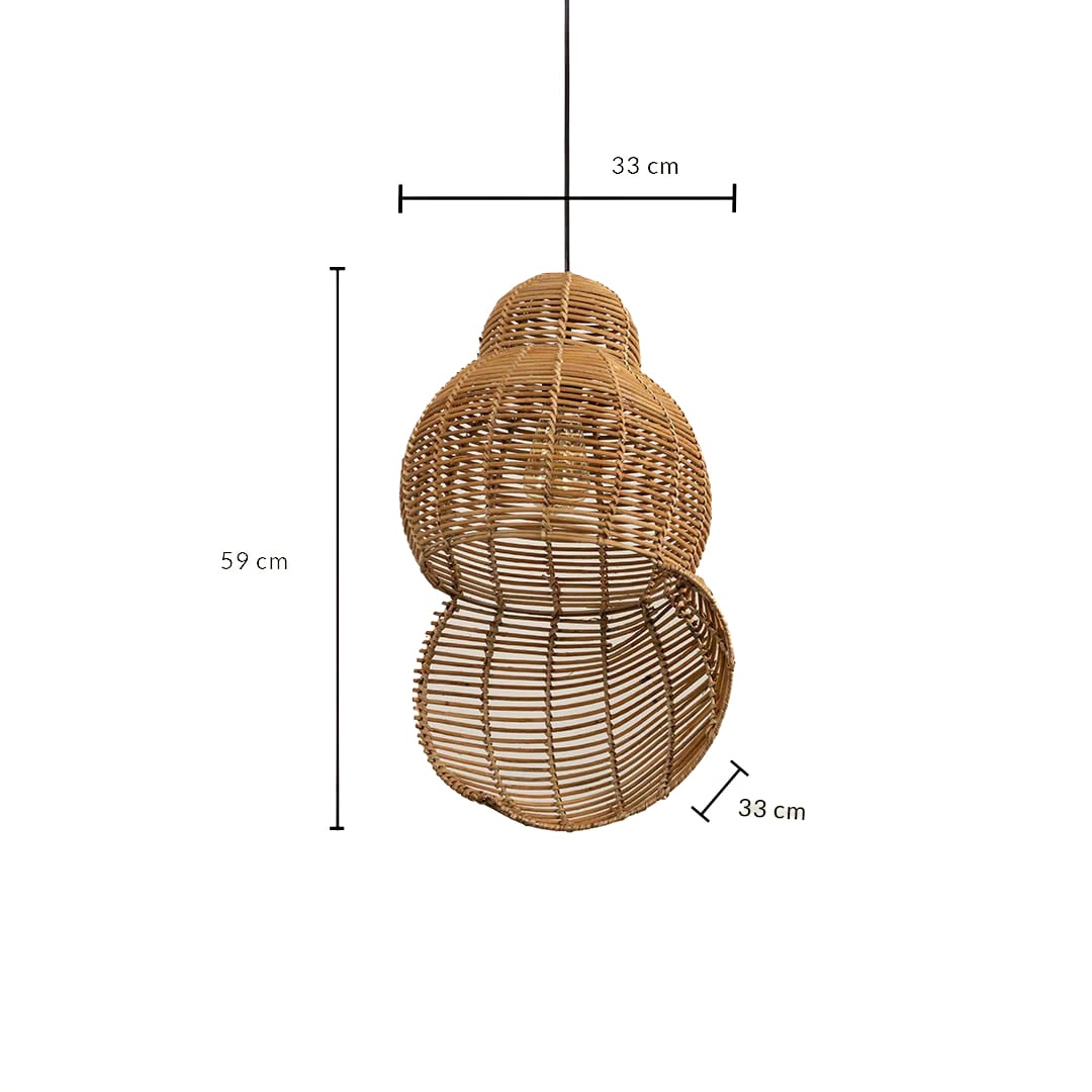 Double gourd rattan pendant light with bamboo shade shown with 59cm height and 33cm width for room placement.