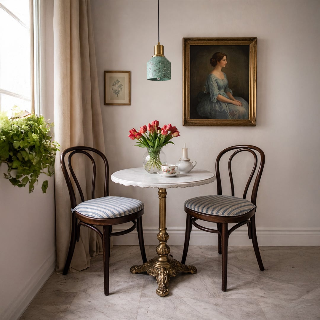 Black terrazzo pendant light illuminating dining room decor with elegant modern sophistication.