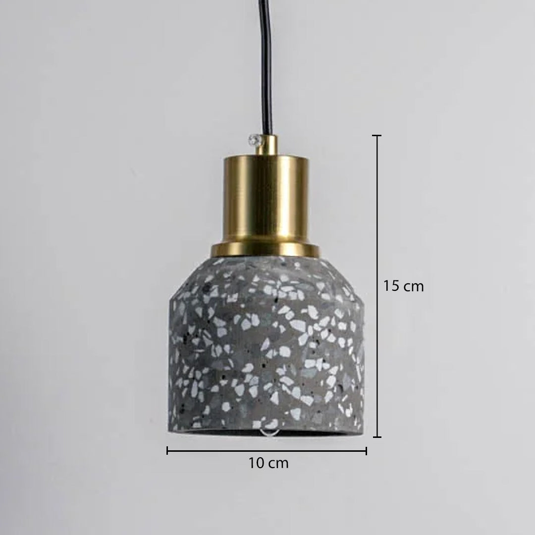 Dimension image of grey terrazzo pendant light with brass holder showing 15 cm height and 10 cm width.