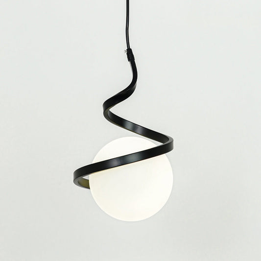 Black spiral pendant light with white glass globe hanging against soft neutral wall background ideal for modern living room or bedroom lighting.