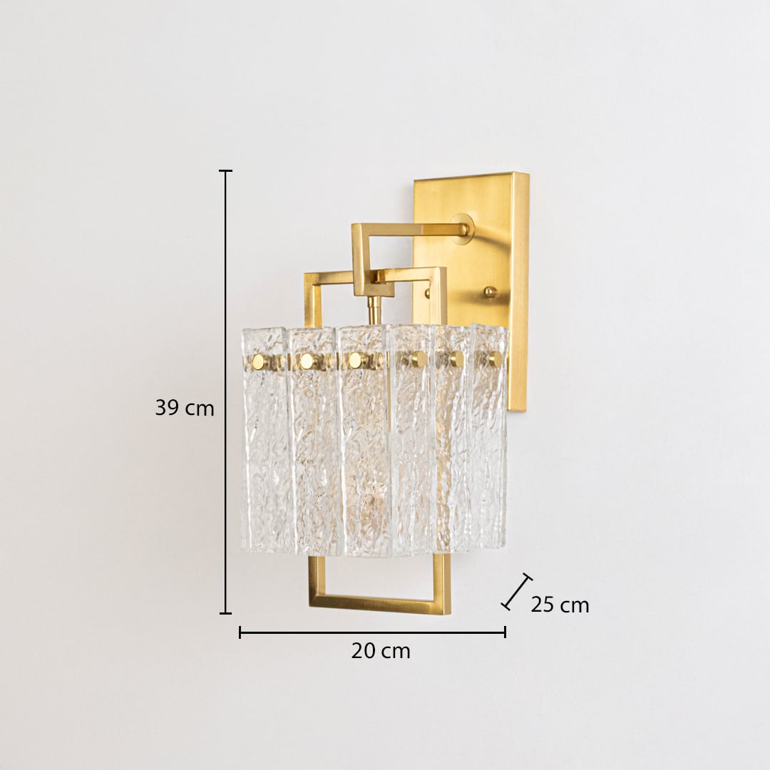 Gold wall sconce with textured glass shade shown with dimensions 39 cm height 20 cm width 25 cm depth for accurate fitting view.