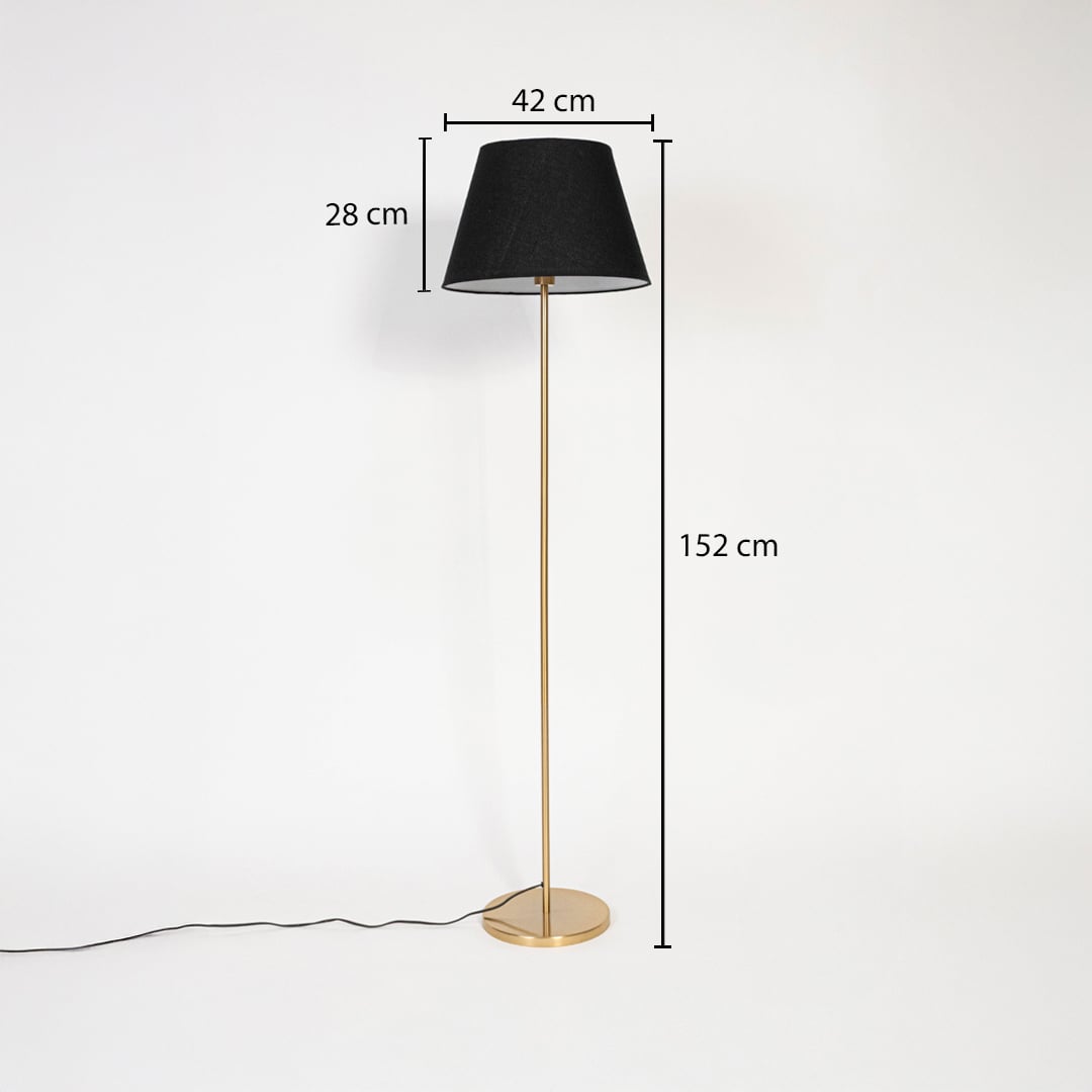 Floor lamp with black fabric shade and golden stand shown with height 152 cm shade width 42 cm and shade height 28 cm.