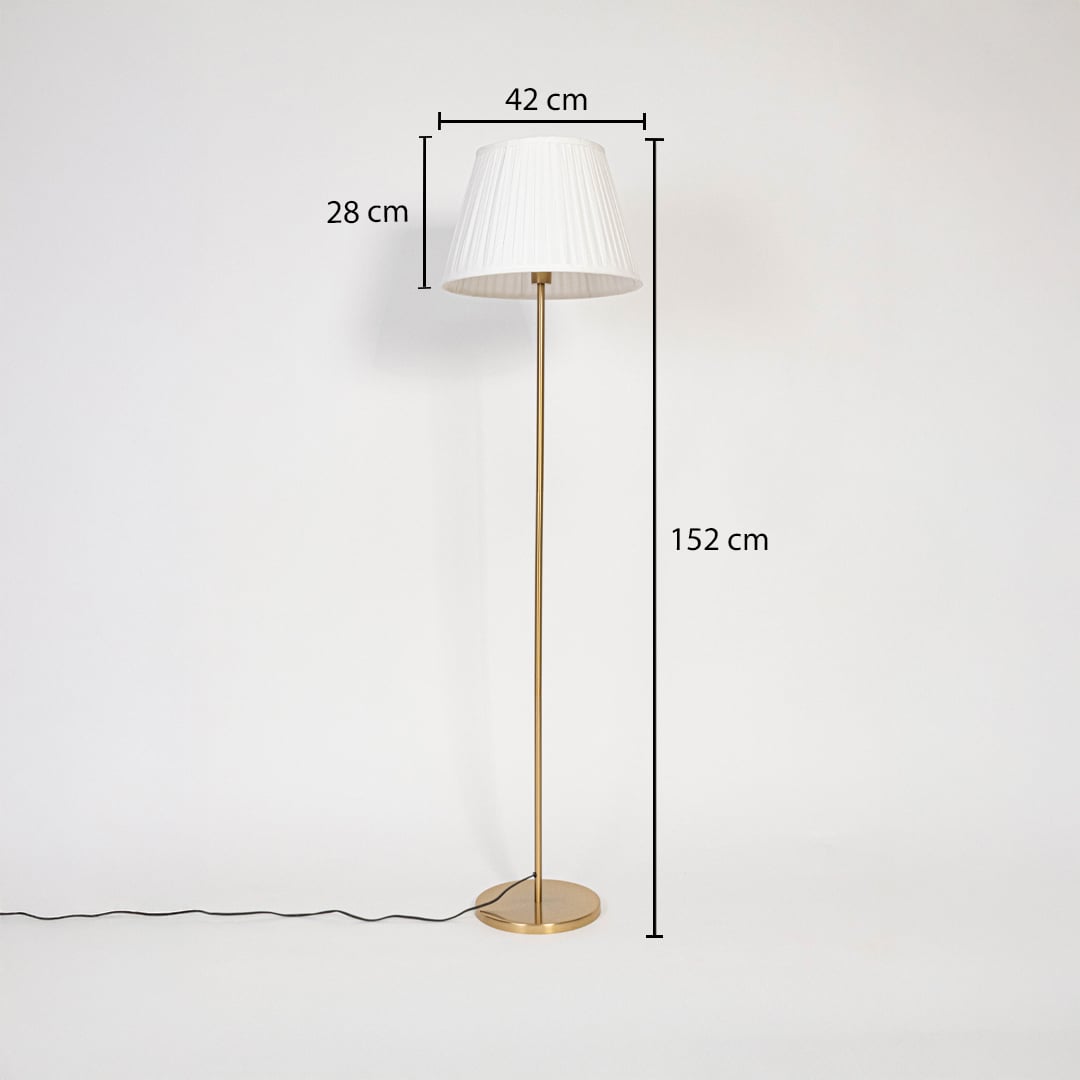 Golden floor lamp with pleated white shade 152 cm height 42 cm width and 28 cm shade depth.
