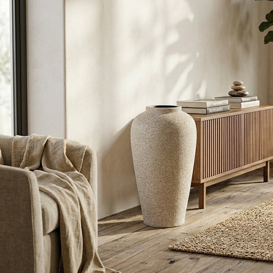 Beige textured floor vase placed beside cabinet for elegant modern living room decor styling.