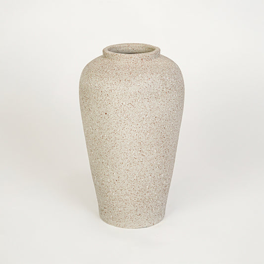 White background image of beige ceramic decorative vase for modern floor placement with rustic textured finish.