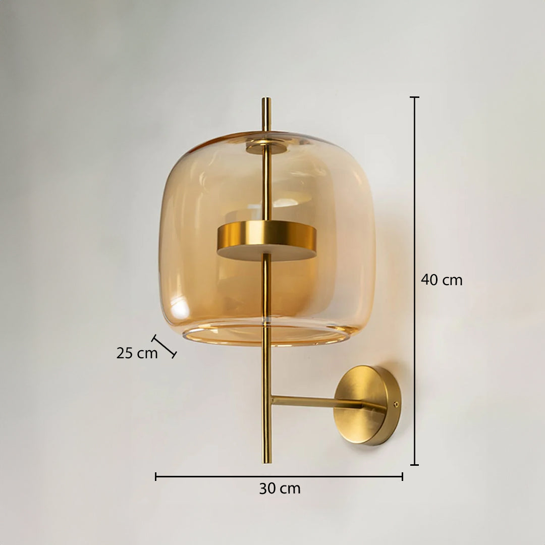 Amber glass gold wall light with 40 cm height 30 cm width and 25 cm depth for luxury modern decor spaces.