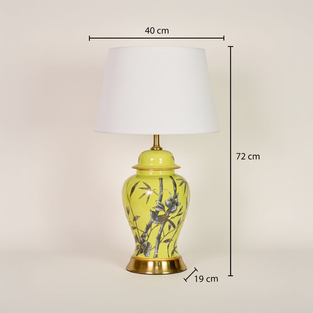 Yellow ceramic table lamp showing 72 cm height 40 cm shade width and 19 cm base diameter for bedside placement.