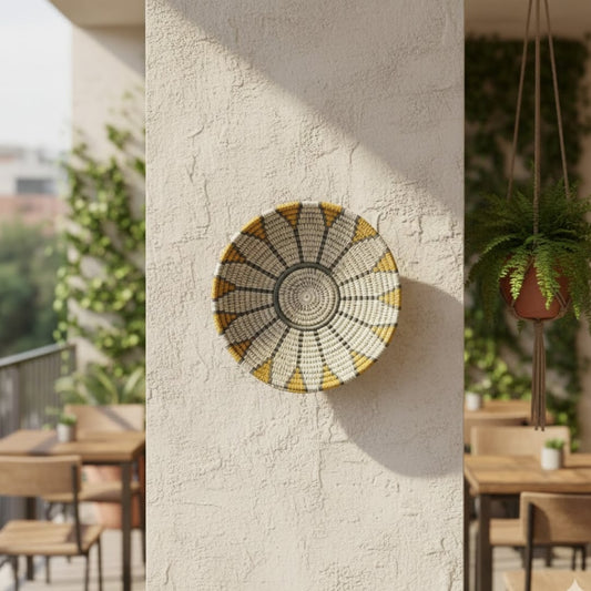 Handcrafted round metal wall decor in gold and grey finish mounted on balcony wall adding artistic texture and elegant outdoor lifestyle accent.