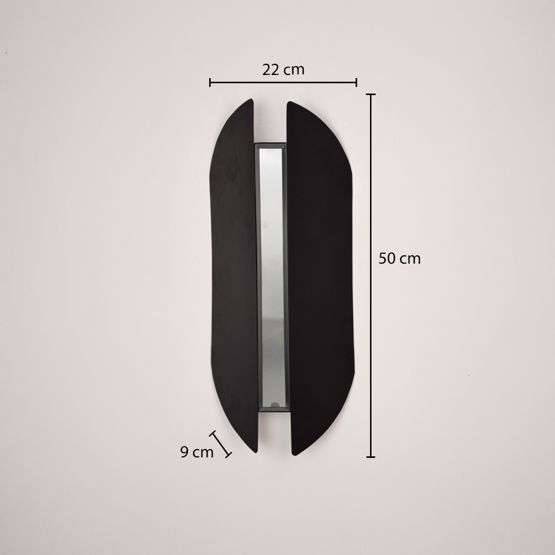 Wall light dimensions image showing 50 cm height with 22 cm width and 9 cm depth highlighting the sleek black metal wall light design.