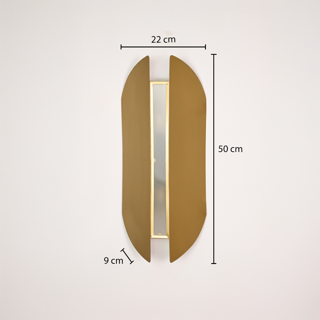 Wall light dimensions image showing 50 cm height with 22 cm width and 9 cm depth highlighting the sleek gold metal wall light design.