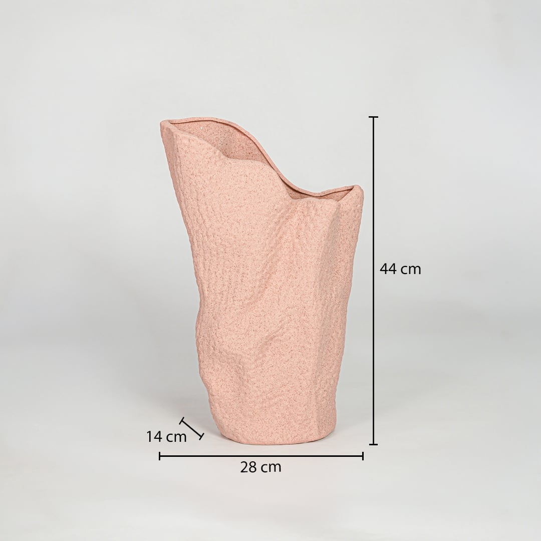 Pink ceramic decorative flower vase size 44 cm height 28 cm length 14 cm width textured finish modern home decor vase dimension image.