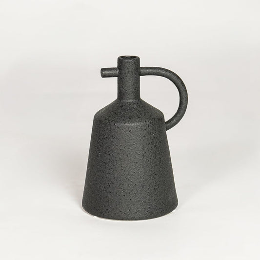 Modern black ceramic decorative vase with sculpted handle ideal for console table shelf and stylish home decor.