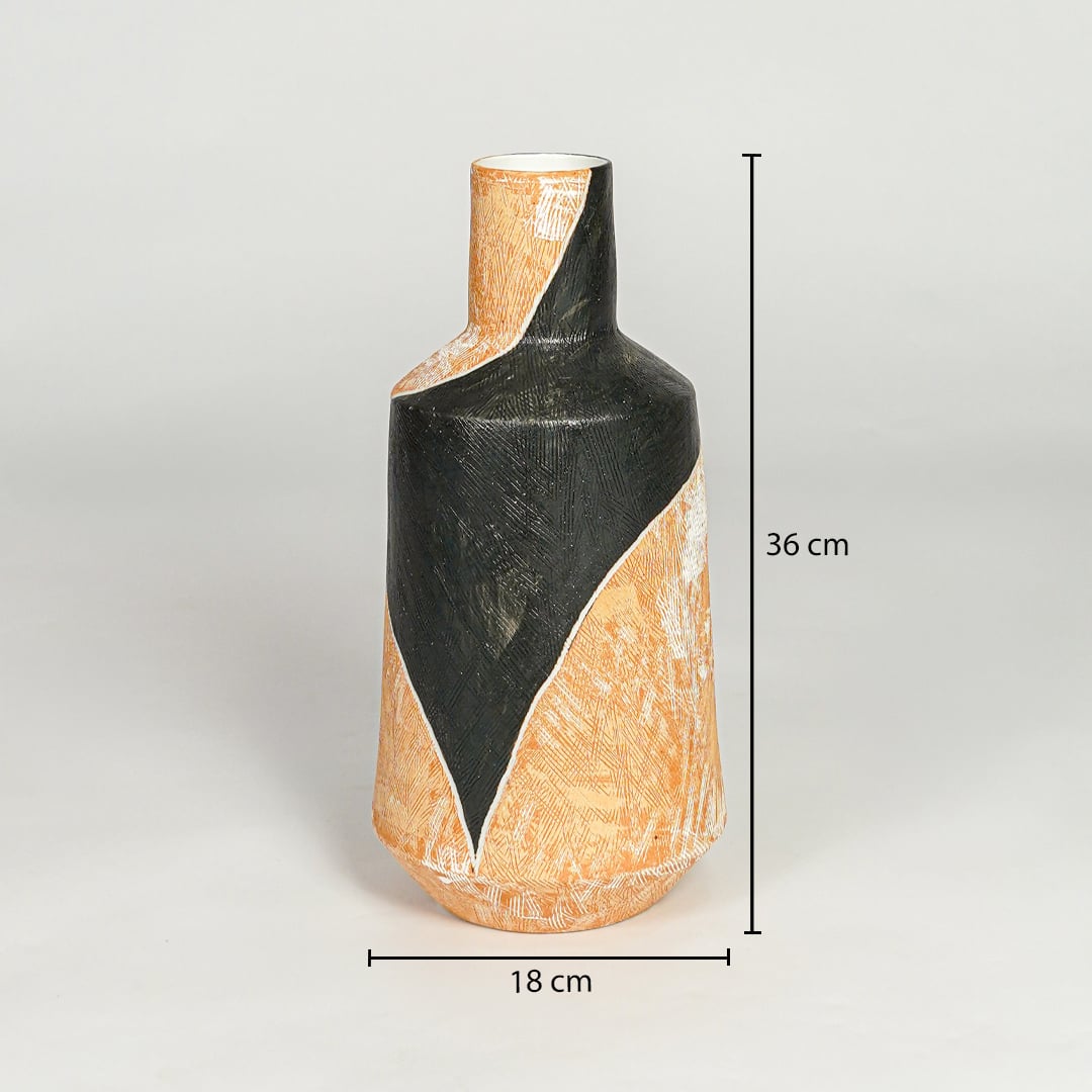 Orange and black ceramic decorative vase showing 36 cm height and 18 cm width suitable for table shelf or console placement.