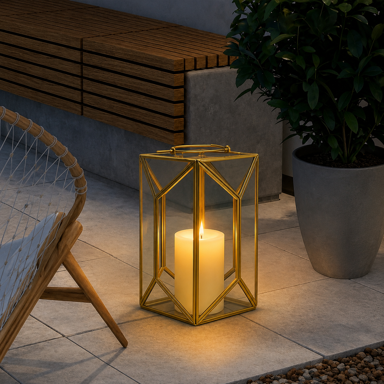 Terrarium Gold Metal & Glass Geometric Candle Lantern - Large