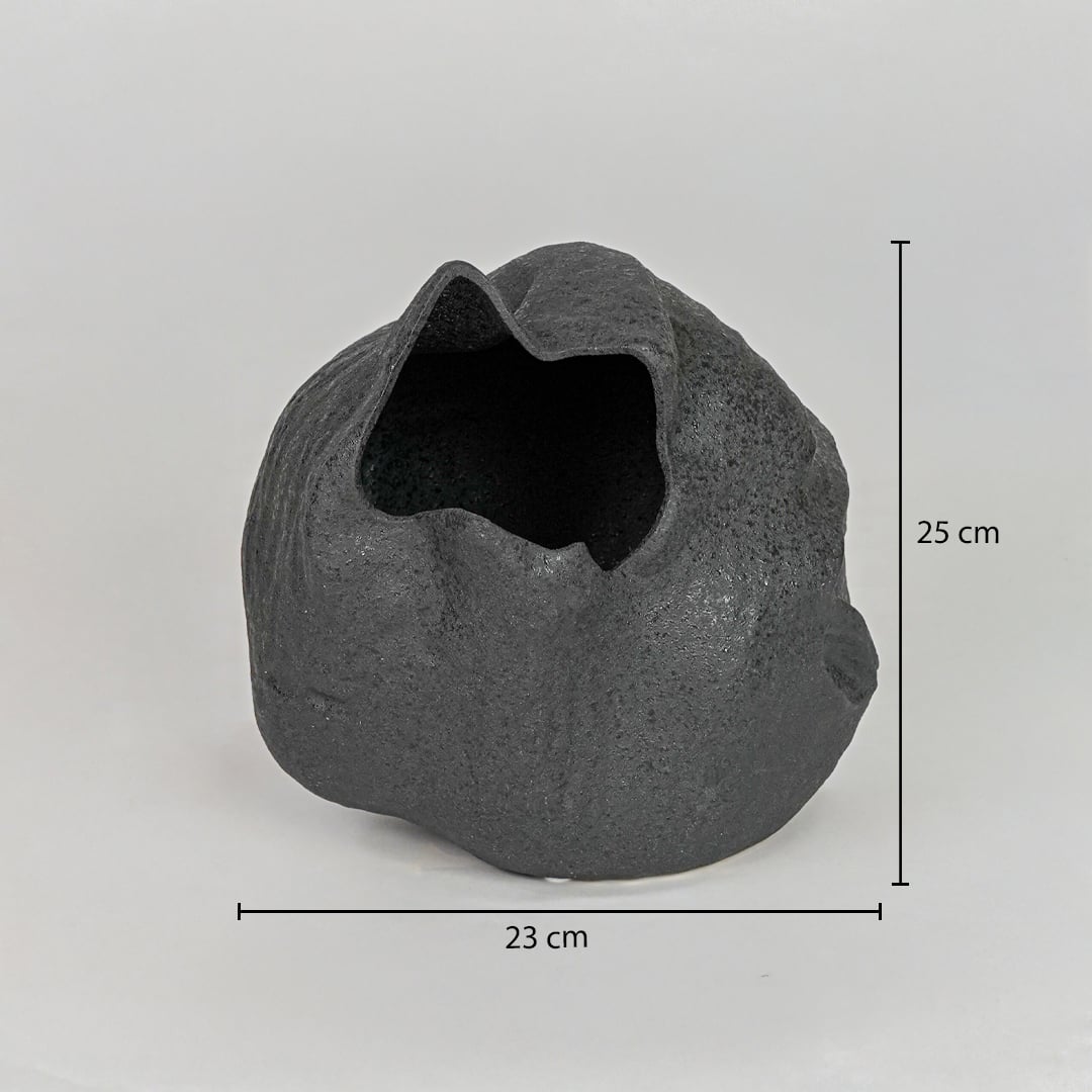 Black ceramic decorative vase size 25 cm height 23 cm length modern textured flower vase dimension reference image.