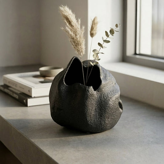Black ceramic decorative flower vase placed on window side table with dried flowers modern home decor styling idea.